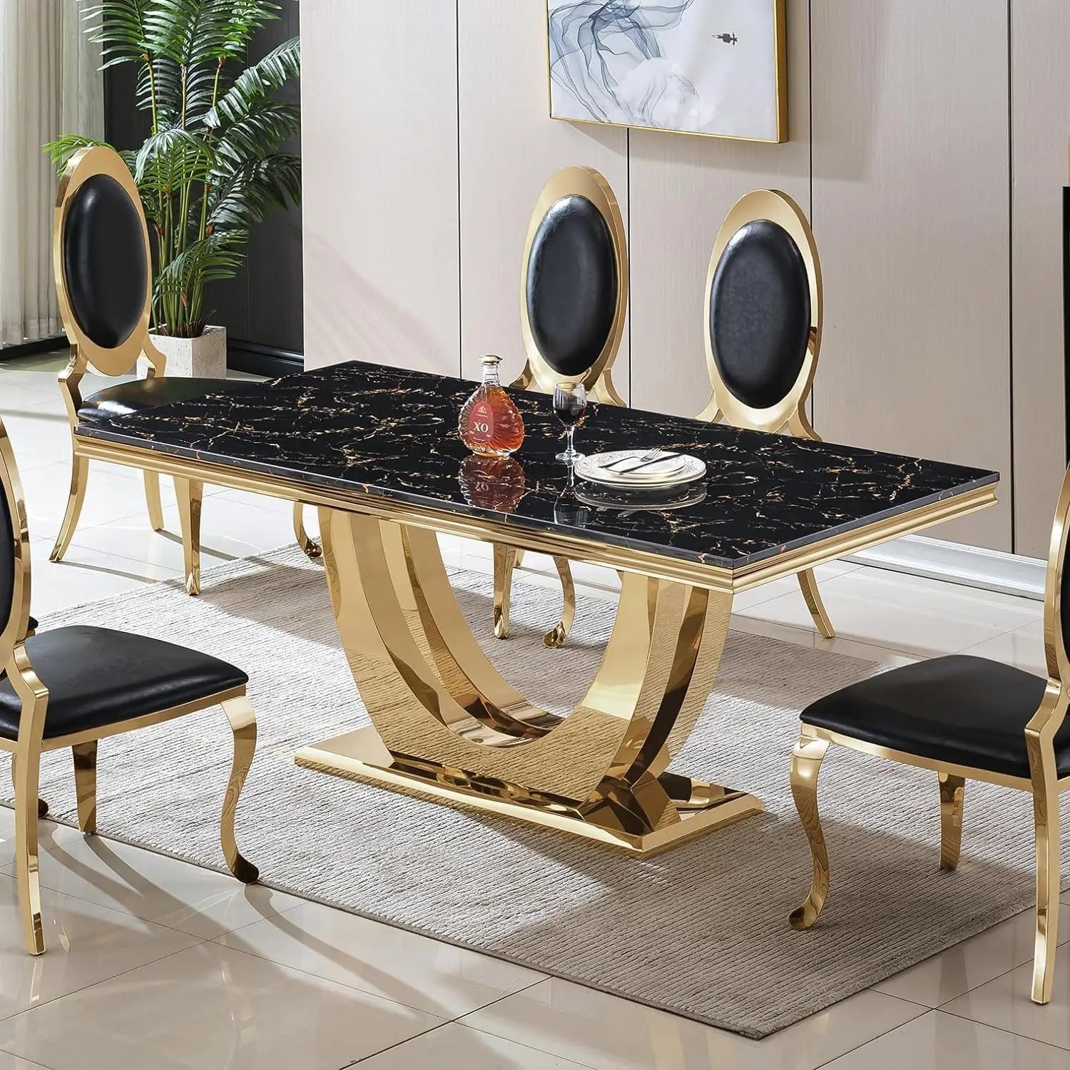 Modern Marble Dining Table, Luxurious Kitchen Table, Equipped with A Golden Geometric U-shaped Stainless Steel Base