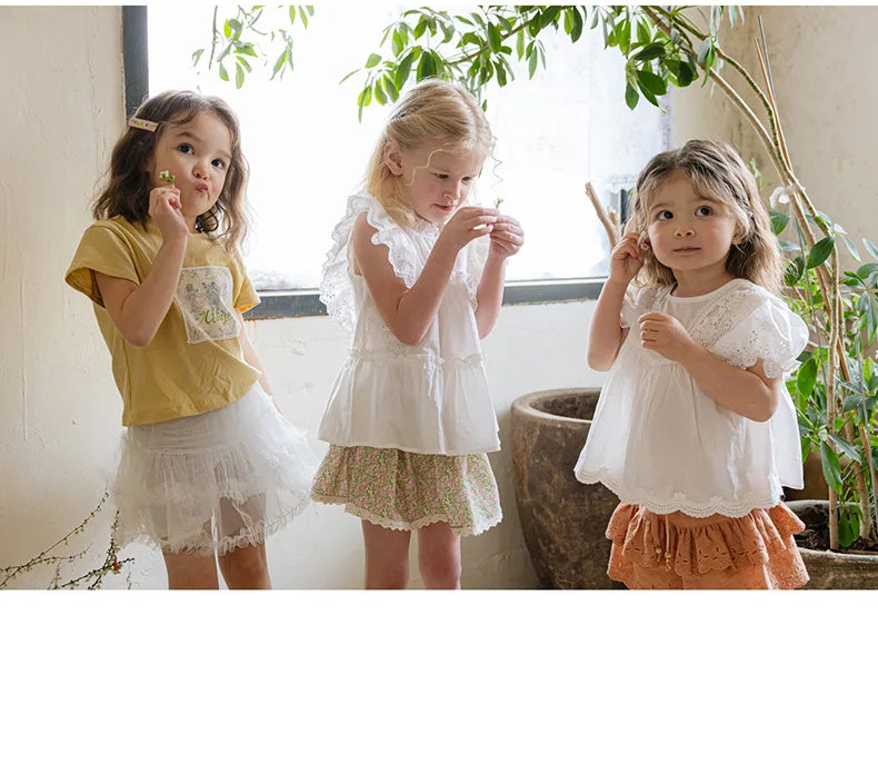 Blouses Summer Korea Girls Children Clothing Sweet Lovely Cotton Puff Sleeve Short Sleeved Shirt 2024 Simple Fashion