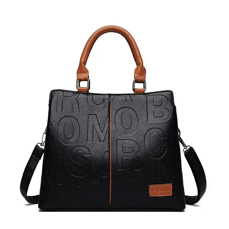 2024 New Fashion Solid Color Shoulder Large Capacity Soft Leather Cloth Letter Embossed Ladies Handbag