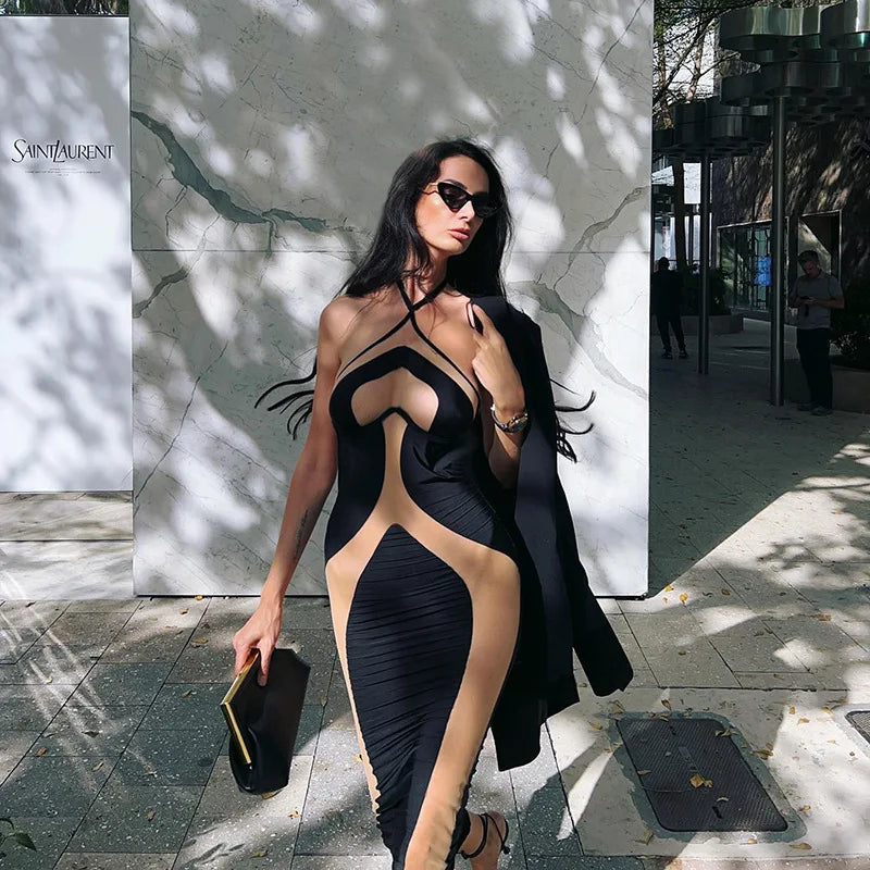 Sexy See Through Bodycon Maxi Dresses Women Halter Black Mesh Patchwork Slim Long Dress Party Club Streetwear Vestidos