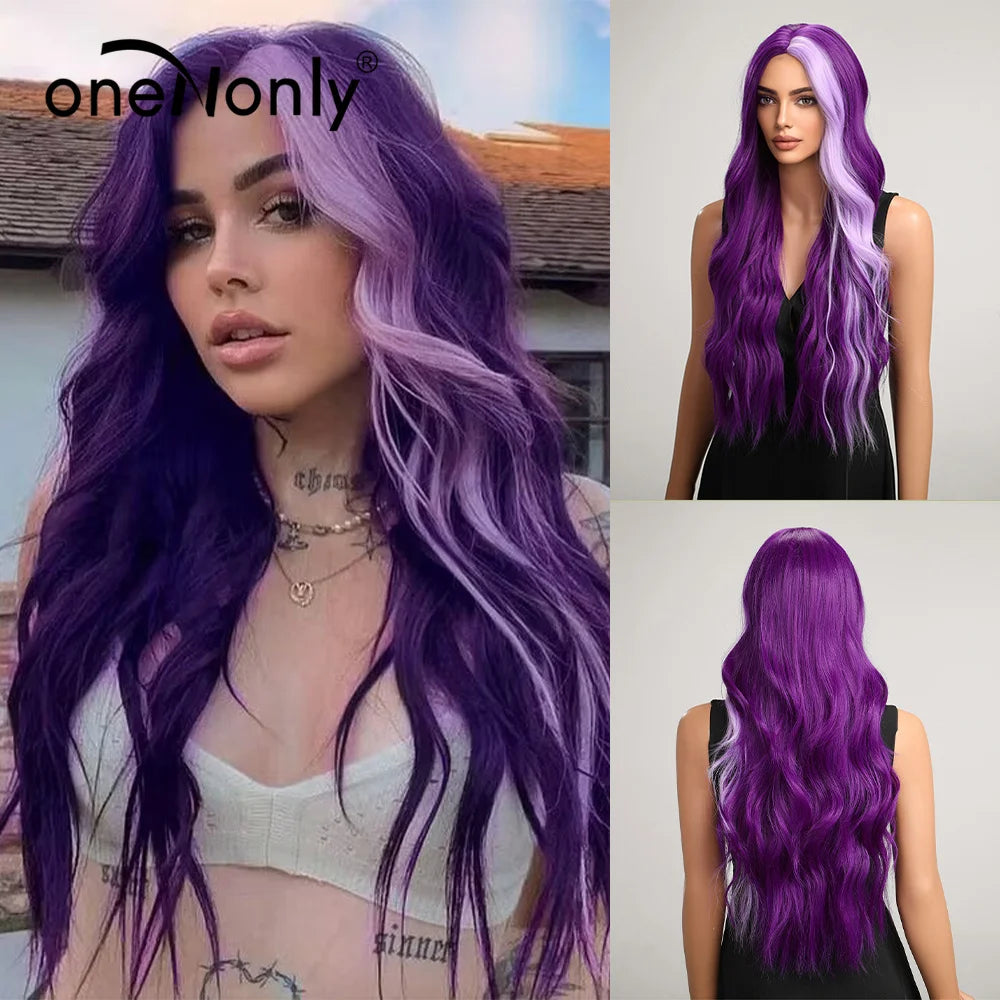 oneNonly Long Purple Wig Synthetic Wigs for Women Wave Cosplay Party Halloween Wig High Quality Hair