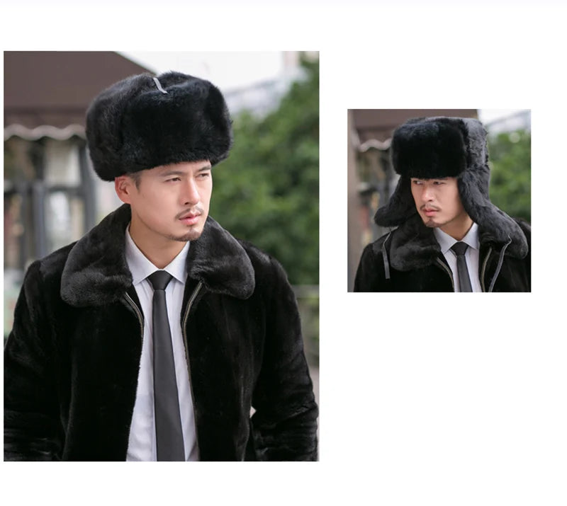 Rabbit Fur Cap Man Winter Genuine 100% Fur Bomber Hat Windproof Warm Earmuffs Male Flat Grey/Black Russian Hat Fitted Casquette