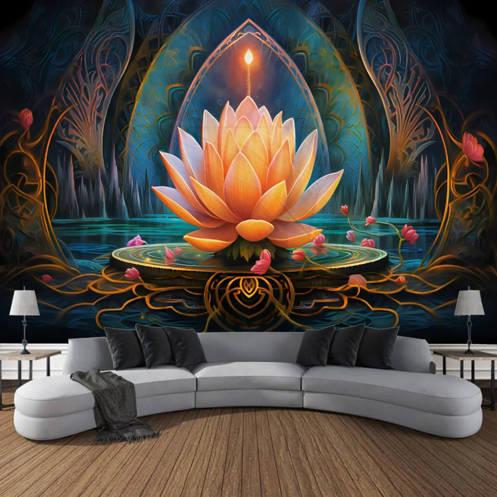 Meditation Lotus Tapestry Wall Art, Large Tapestry Mural Decoration, Home, Bedroom, Living Room Decoration - KIMLUD