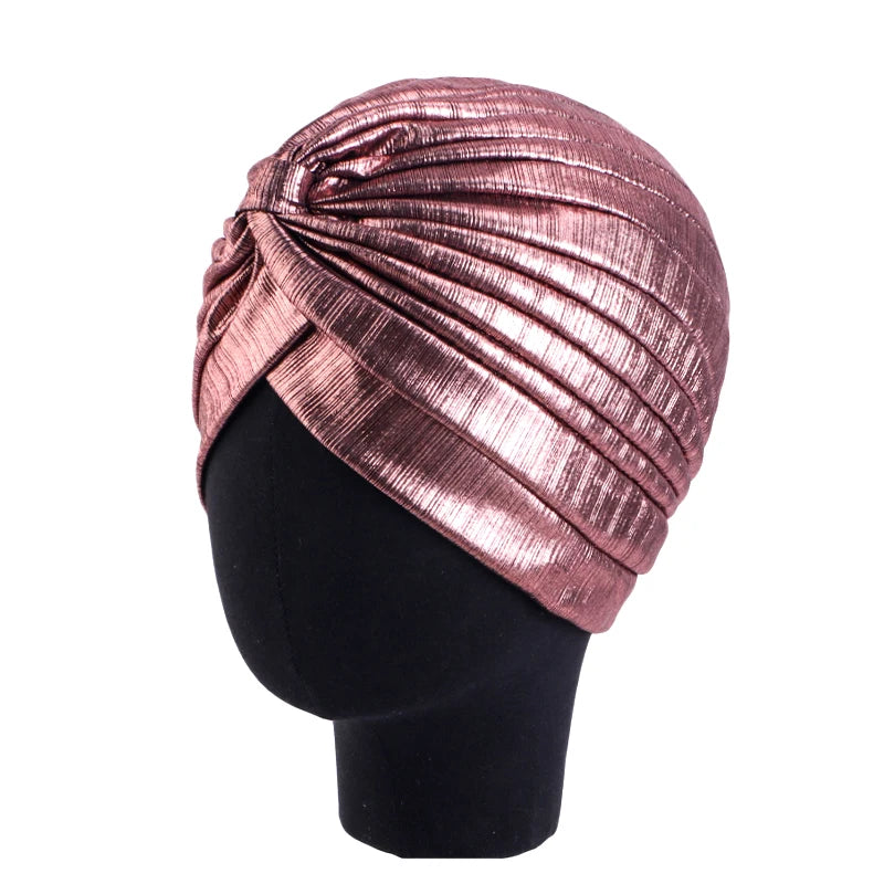 New Women's Metallic Pleated Knot Turban Hat Retro Ethnic Hat Elastic Head Wrap Shiny Beanies Head Scarf Bonnet Chemo Cap