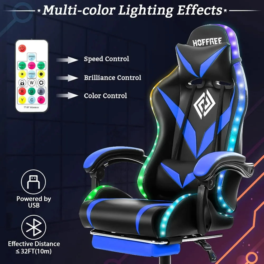 Gaming Chair with Massage and LED Lights Ergonomic Video Game Chairs with Footrest High Back Reclining Computer Chair