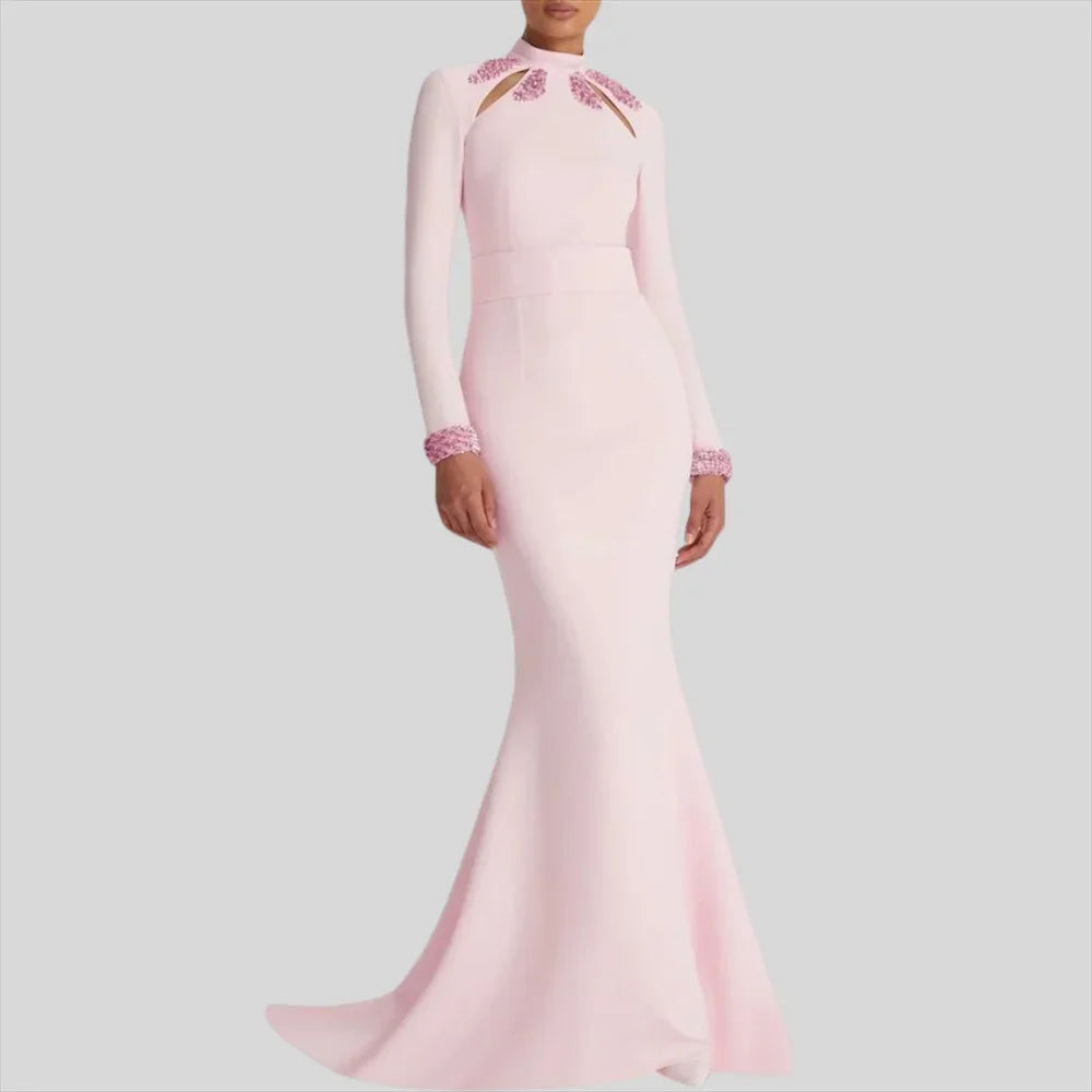 Pink High Neck Crystal Luxury Long Sleeves Mermaid Formal Evening Dress For Woman Floor Length Fashion Classy 2024 Prom Gown - KIMLUD