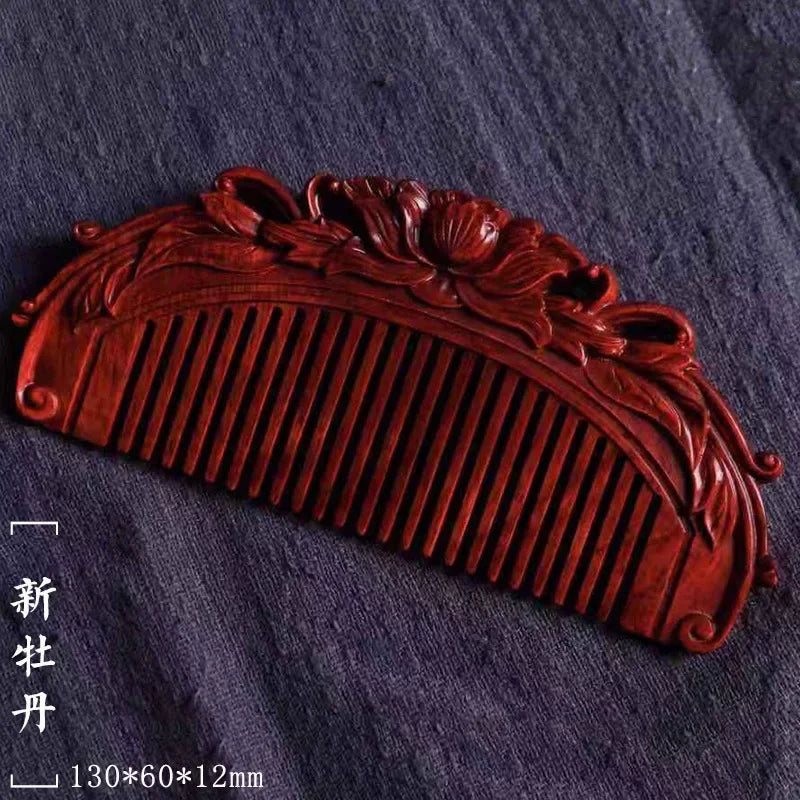 Natural Rhinoceros Horn Small Leaf Red Sandalwood Carved Wood Comb Retro Style Massage Comb Gifts with comb