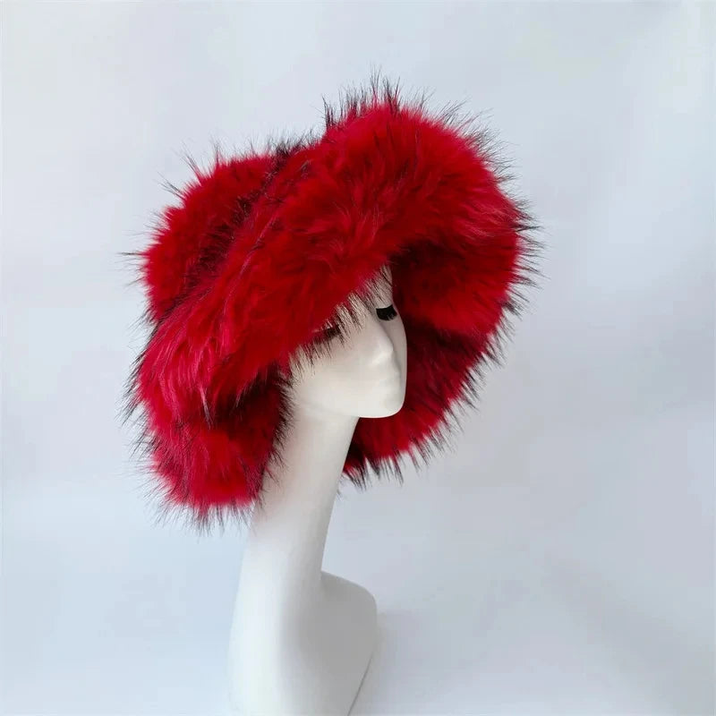 Winter Women Faux Fur Bucket Hat Warm Raccoon Fur Hat Oversize Outdoor Punk Hat Girl Fashion Long Fur Bucket Hat Furry Cute Cap