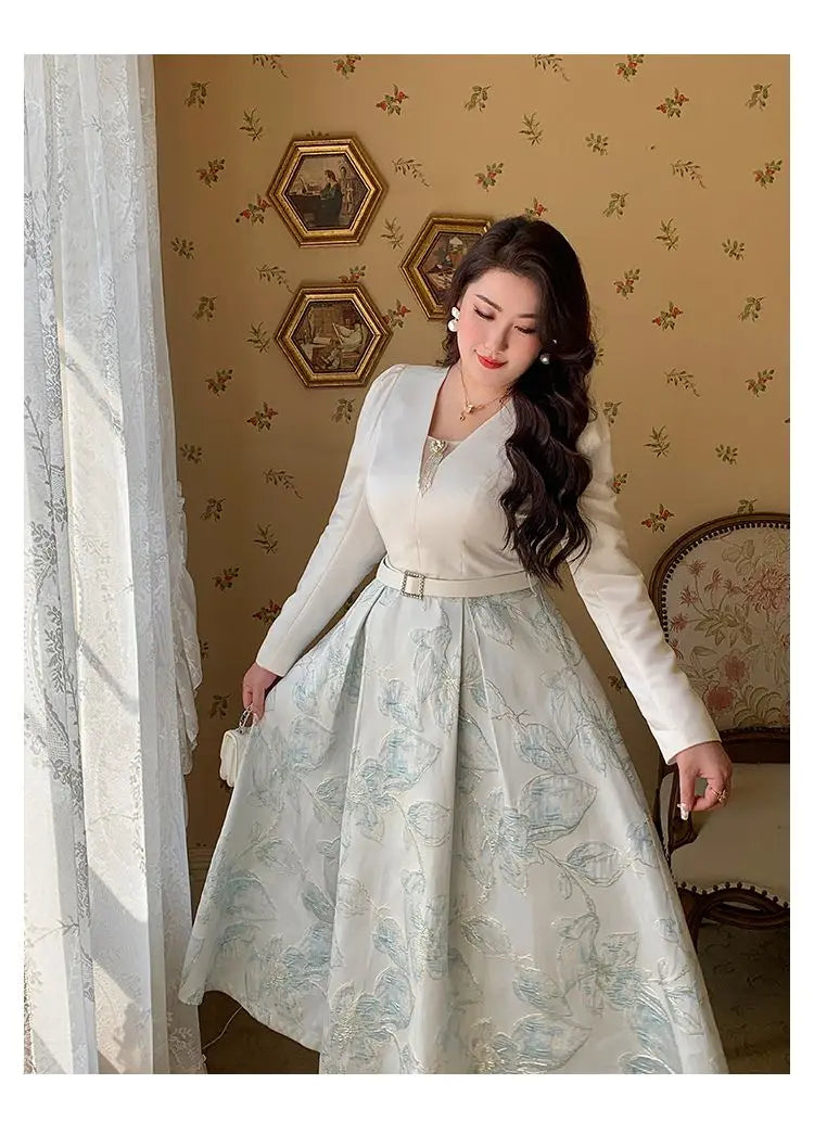 Luxury Big Size Jacquard Dress With Belt Occasion V-Neck Brocade Dress Women Long Sleeve Party Evening Clothing Ball Gown