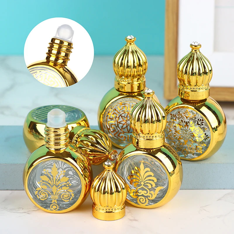 10ml Mini Essential Oil Roller Bottle Gold Crown Shape Perfume Bottling Portable Travel Electroplated Carve Glass Empty Bottle