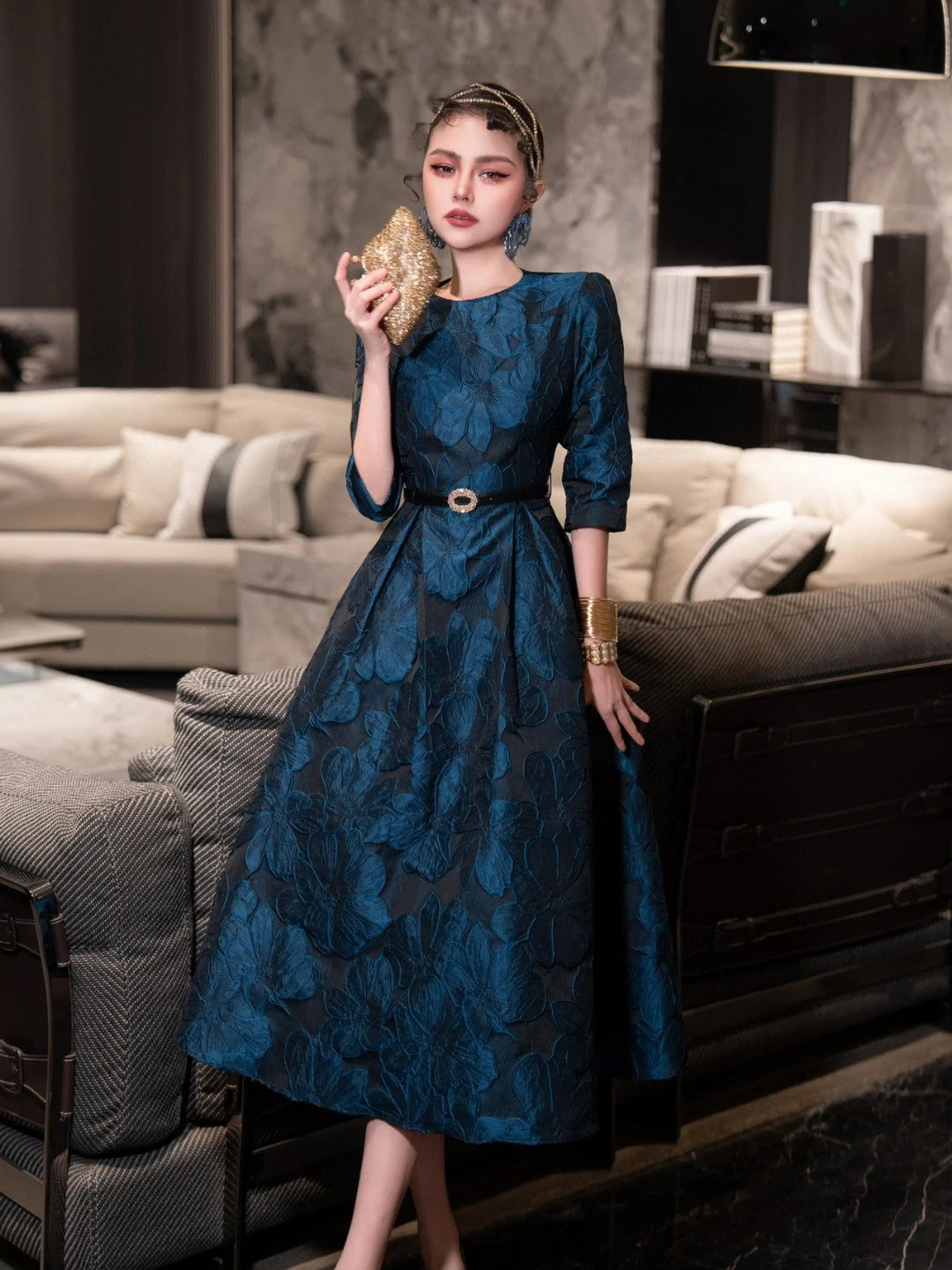 Tingfly Runway Designer High Quality Flower Jacard A Line Ball Gowns Party Dinner Dresses with Belt Lady Elegant Dress