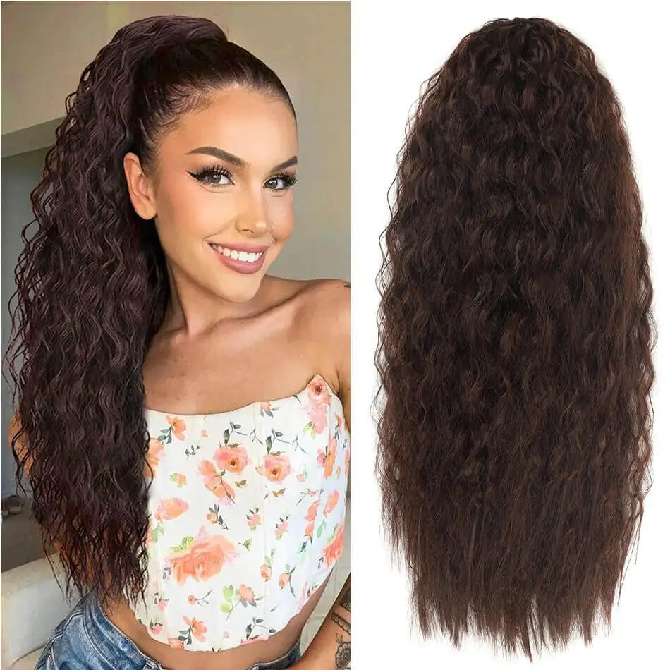 Synthetic Drawstring Ponytail Long Kinky Curly Ponytail Organic Chip-In Hair Extension P4/27 Clip In Pony-Tail By YAKIBEAUTY