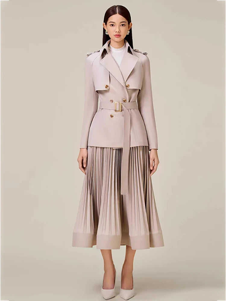 DEAT Women 2 Pcs Set Notched Collar Long Sleeve Double Breasted Belt Coat Folds Skirt Office Lady Suit Autumn 2024 New 13DB4515