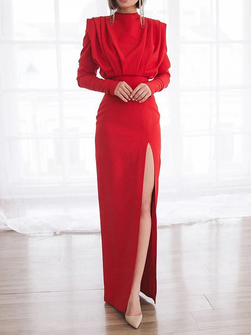 KIMLUD, Sexy Hollow Out Back Women Party Gown Fashion High Neck Long Sleeves Ruffles Evening Dress Elegant Split Female  Vestidos Robes, Red / 2XL / CHINA, KIMLUD APPAREL - Womens Clothes