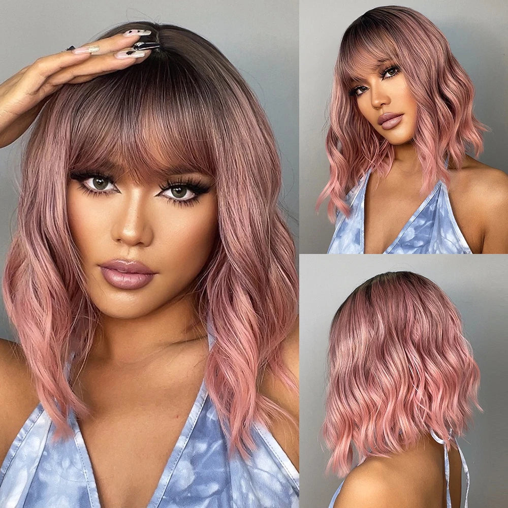 KIMLUD, HENRY MARGU Red Copper Ginger Synthetic Wigs with Bangs Medium Water Wave Natural Bob Daily Hair Wigs for Women Heat Resistant, LC032-1 wig, KIMLUD APPAREL - Womens Clothes