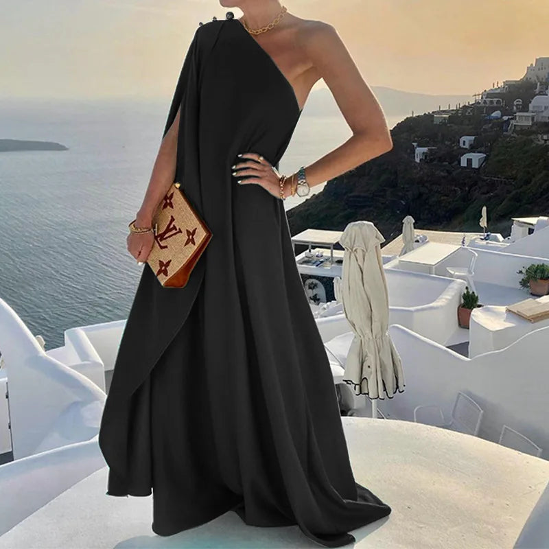 Sexy Off Shoulder Boho Beach Maxi Dress Women Elegant One Shoulder Loose Party Dresses Summer Fashion Button Solid Dress Vestido - KIMLUD