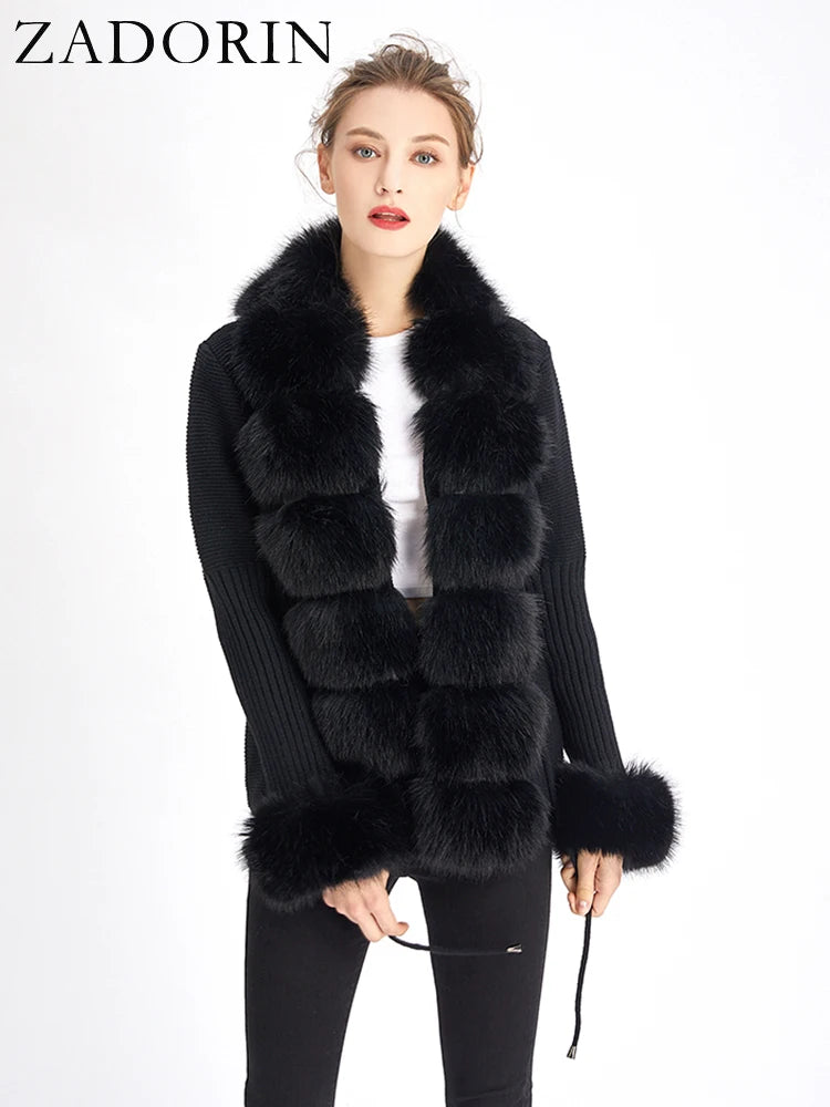 KIMLUD, ZADORIN Luxury Fur Cardigan Knit Winter Sweater Women Elegant Detachable Fur Belt White Pink Black Womens Cardigan Korea Style, KIMLUD Womens Clothes