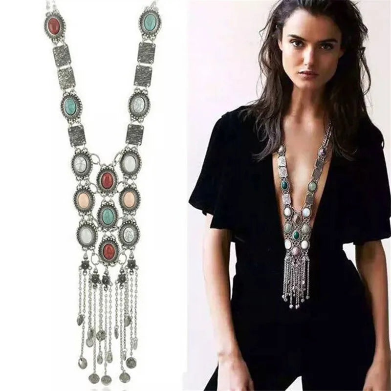 Vintage Long Chains Rhinestone Statement Necklaces For Women Tassel Pendant Drop Dangle Choker Necklace Bohemian Ethnic Jewelry - KIMLUD