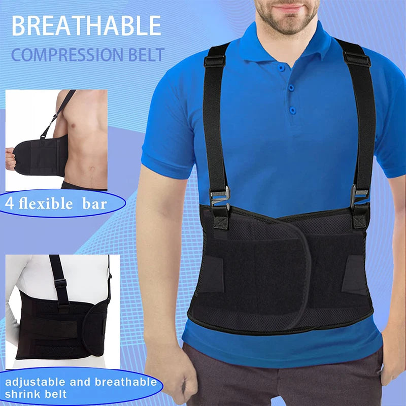 Work Back Brace Lower Back Pain Protection Belt Waist Trainer Lumbar Support Band with Shoulder Straps for Heavy Lifting Safety - KIMLUD