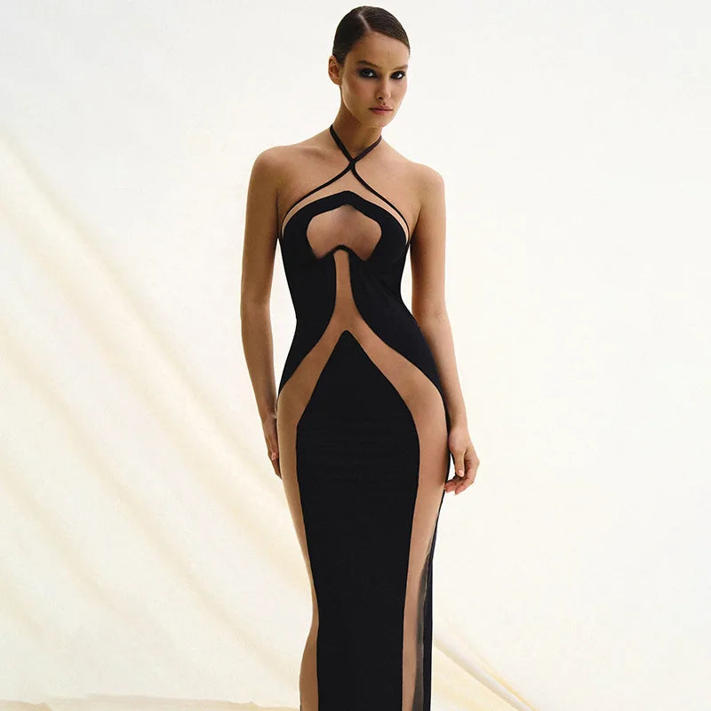 Sexy See Through Bodycon Maxi Dresses Women Halter Black Mesh Patchwork Slim Long Dress Party Club Streetwear Vestidos