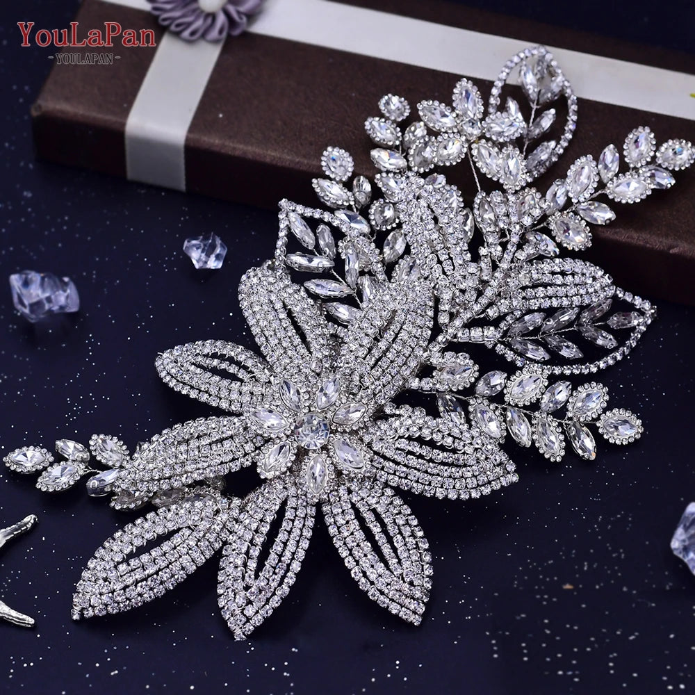 KIMLUD, TOPQUEEN HP254 Bridal Side Clip Wedding Tiara Bridal Hairpins Handmade Rhinestone Women Headwear Alloy Flower Bride Headdress, HP427-S-R, KIMLUD APPAREL - Womens Clothes