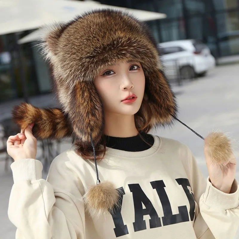 trend Raccoon Fur Cap Tail Women Natural Raccoon Fur Caps Ushanka Hats for Winter Thick Warm Ears Fashion Bomber Pom Pom Hat