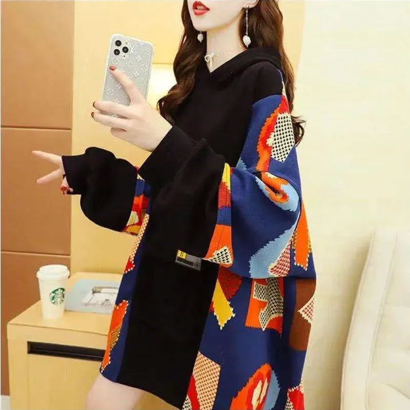 Spring Autumn Women's Sweatshirt Korean Loose Medium And Long Patchwork Print Hoodies Thin Long Sleeves Tops Female