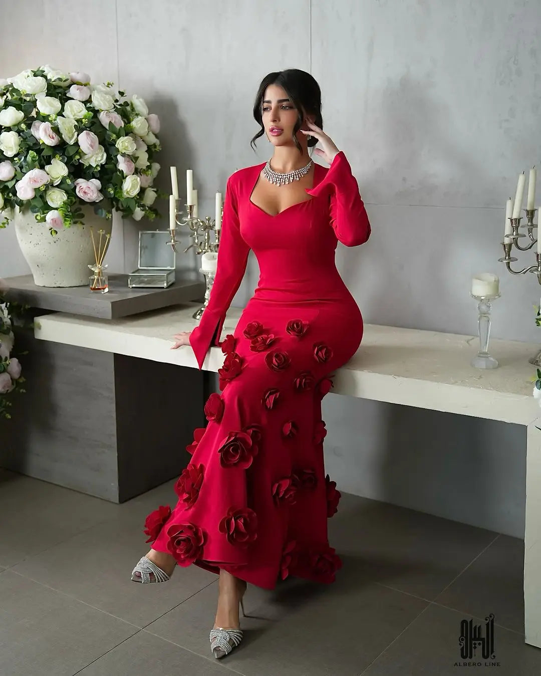 Customized Mermaid Red Prom Dresses Long Sleeves Sweetheart Flowers Ankle Length Evening Dresses Party Dresses - KIMLUD