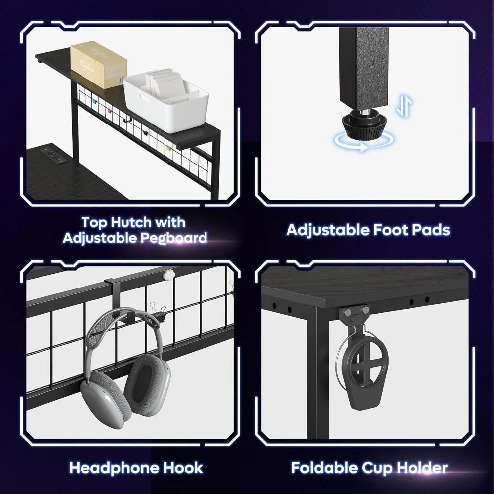 L Gaming Desk,Computer Desk with Power Outlets, LED Lights, Reversible Corner Desk 4-Tier Shelves,Cup Holder