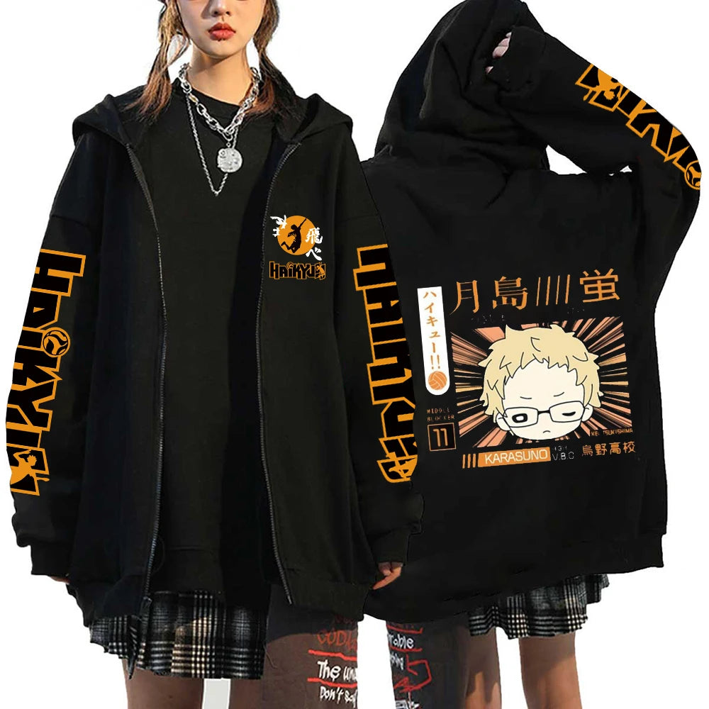 Women Men Anime Hoodie Haikyuu Zip Up Jacket Karasuno High School Plus Size Sweatshirt Harajuku Unisex Autumn Warm Streetwear