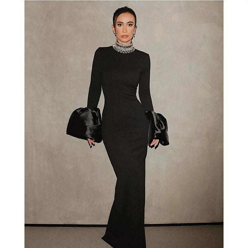 STOCK Shining Diamonds Neck Flare Sleeve Black Long Bandage Dress Elegant Woman Evening Party Dress Cocktail Party Outfit