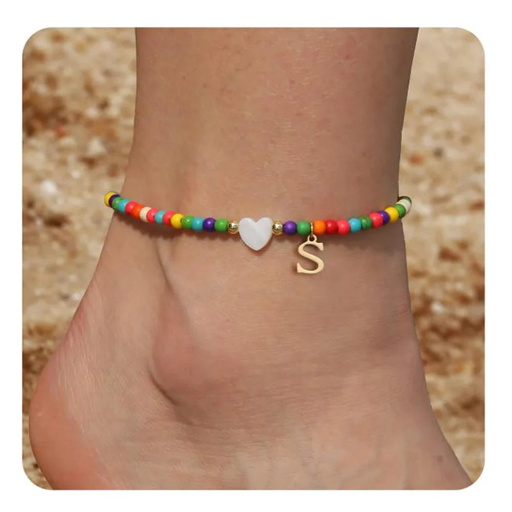 KIMLUD, Rainbow Round Beads Anklet Stainless Steel Love Heart 26 Letters A-Z Pendant Anklets For Women Boho Gold Color Ankle Bracelet, S, KIMLUD APPAREL - Womens Clothes