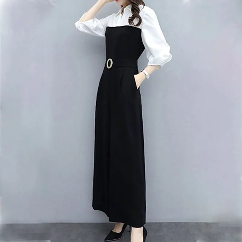 KIMLUD, Office Lady Fashion Solid Color Spliced Jumpsuits Summer Female 3/4 Sleeve Casual High Waist Wide Leg Jumpsuits Women's Clothing, black / XXL, KIMLUD APPAREL - Womens Clothes