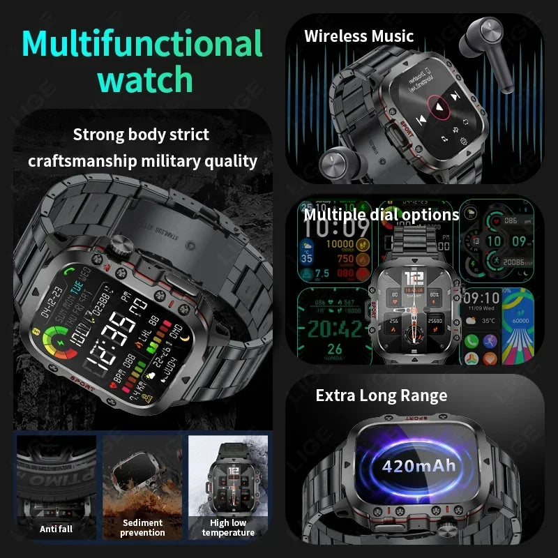 2024 Rugged Military Smart Watch Men Outdoor Watches lP68 Waterproof 2.01" Al Voice Bluetooth Call Smartwatch For Android lOS