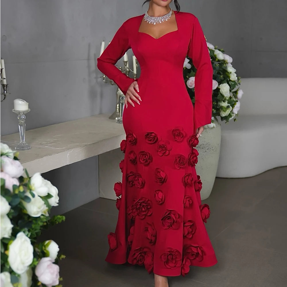 Classic Straight Ankle Length Square Neck Jersey Long Sleeves Flowers Evening Dress Fashion Photo Color vestidos de fiesta