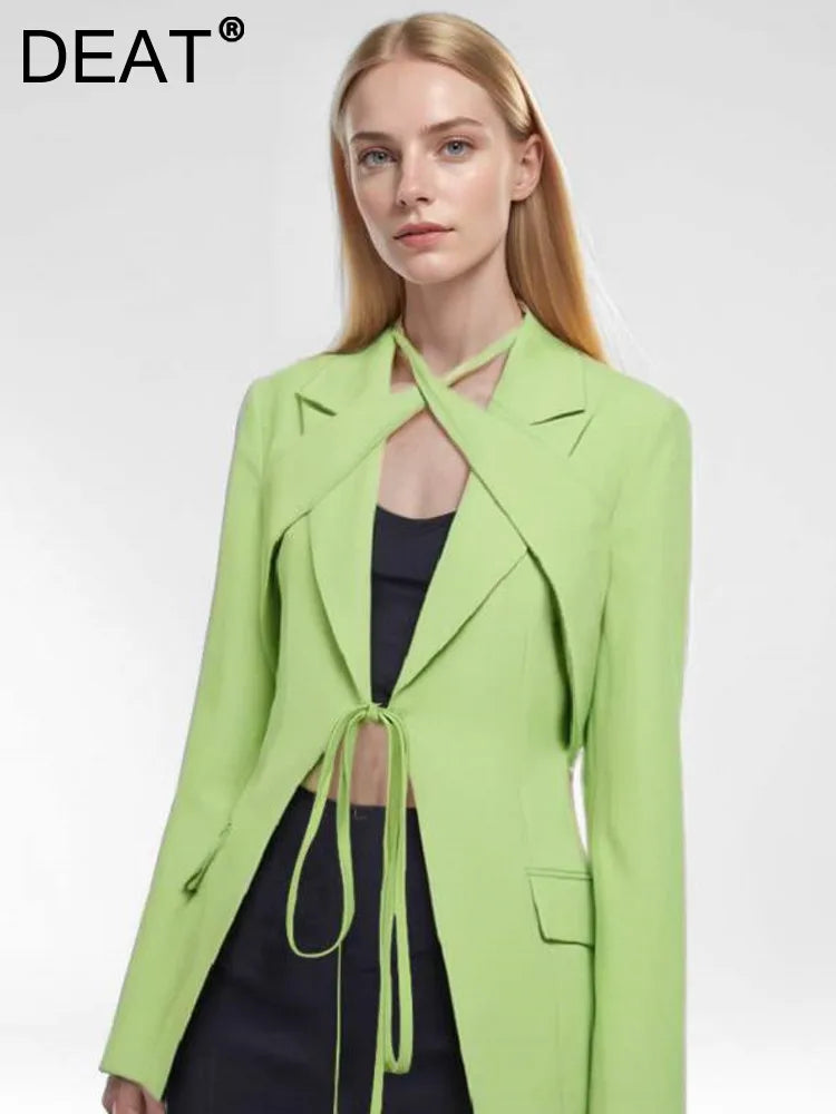 DEAT Fashion Women's Blazer Notched Lace-up Slim Pockets Patchwork Deconstruction Green Suit Jackets Autumn 2024 New Tide CP1984