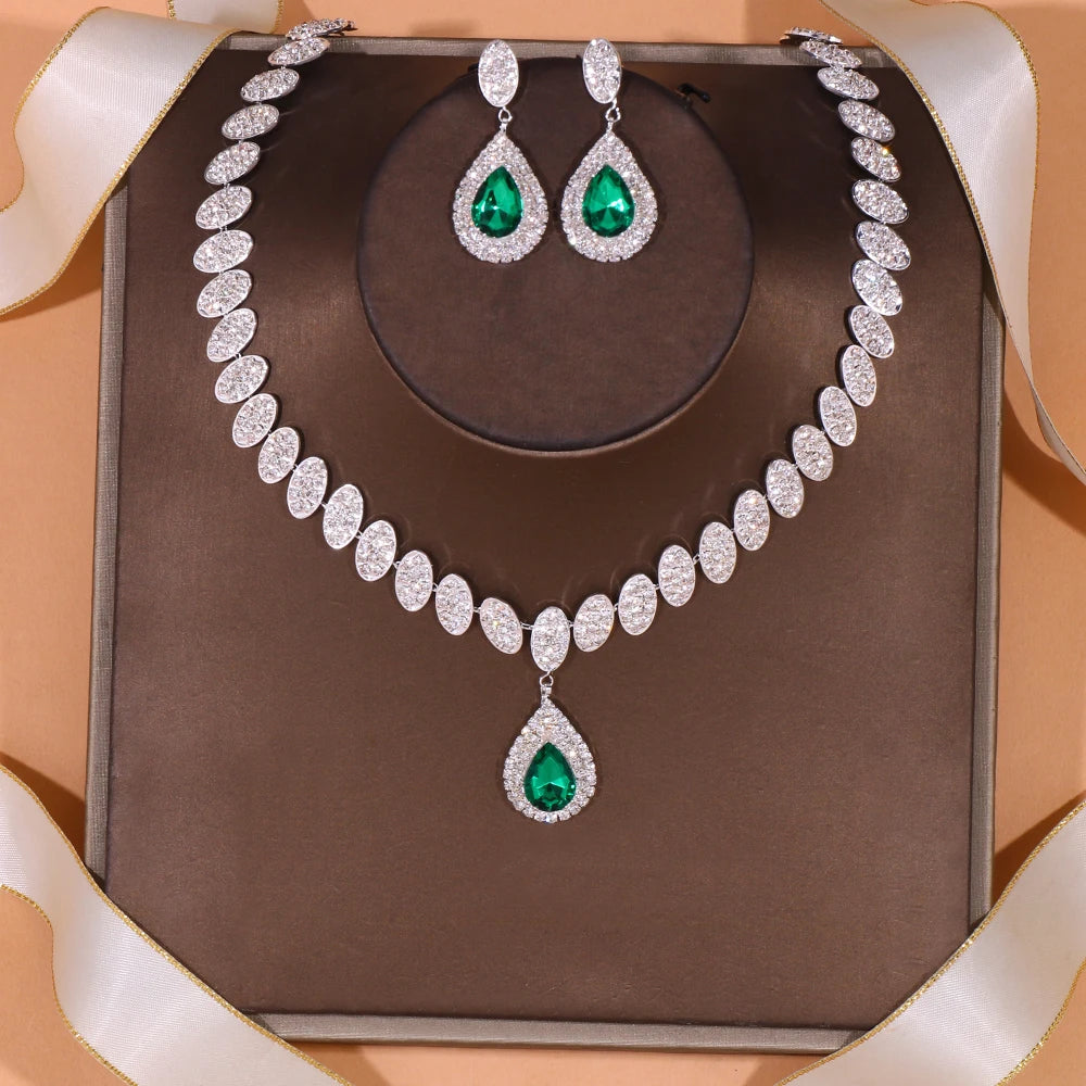 Stonefans Exquisite Round Crystal Necklace Set Wedding for Women Green Water Drop Rhinestone African Jewelry Set Bridal Gifts - KIMLUD