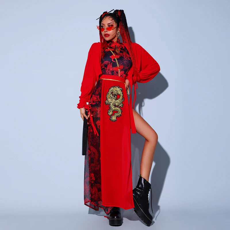 KIMLUD, Red Festival Outfits Hip Hop Clothes For Adults Gogo Dance Stage Costumes Chinese Style Women'S Jazz Performance Clothes, KIMLUD Womens Clothes