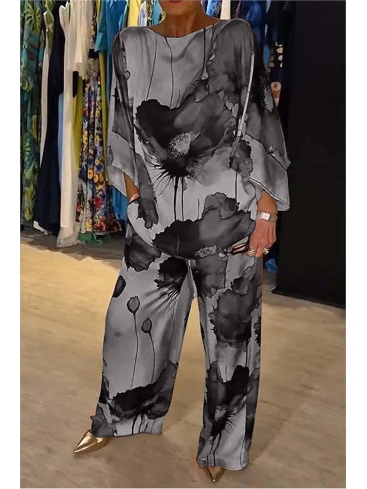 Summer Fashion Printed Satin Two Piece Sets Women Sexy Round Neck 3/4 Sleeved Top + Wide Leg Long Pants Casual Two Piece Set - KIMLUD