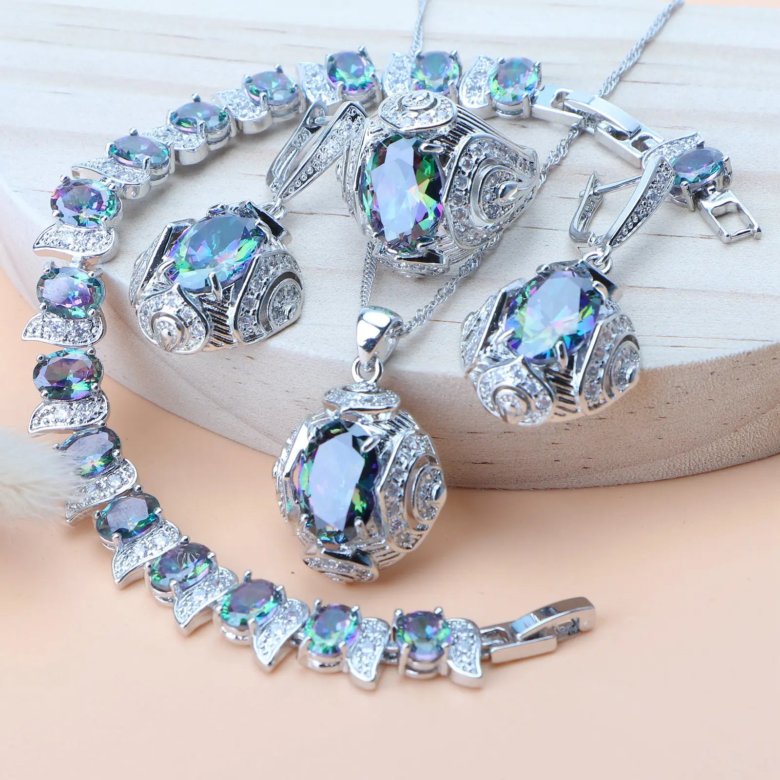 Rainbow Natural Zircon Jewelry Sets 925 Sterling Silver Women Wedding Jewelry Earrings Bracelets Rings Pendant Necklace Set - KIMLUD