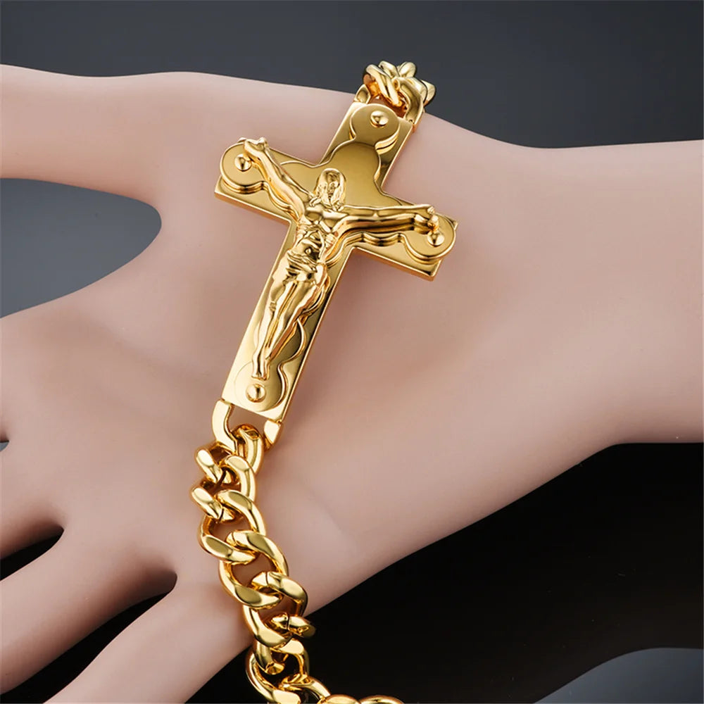 Jesus Cross Men's 316L Stainless Steel Bracelet Male Wholesale pulseira Mens Braclets Gold Color Wrist Bracelets For Men Jewelry