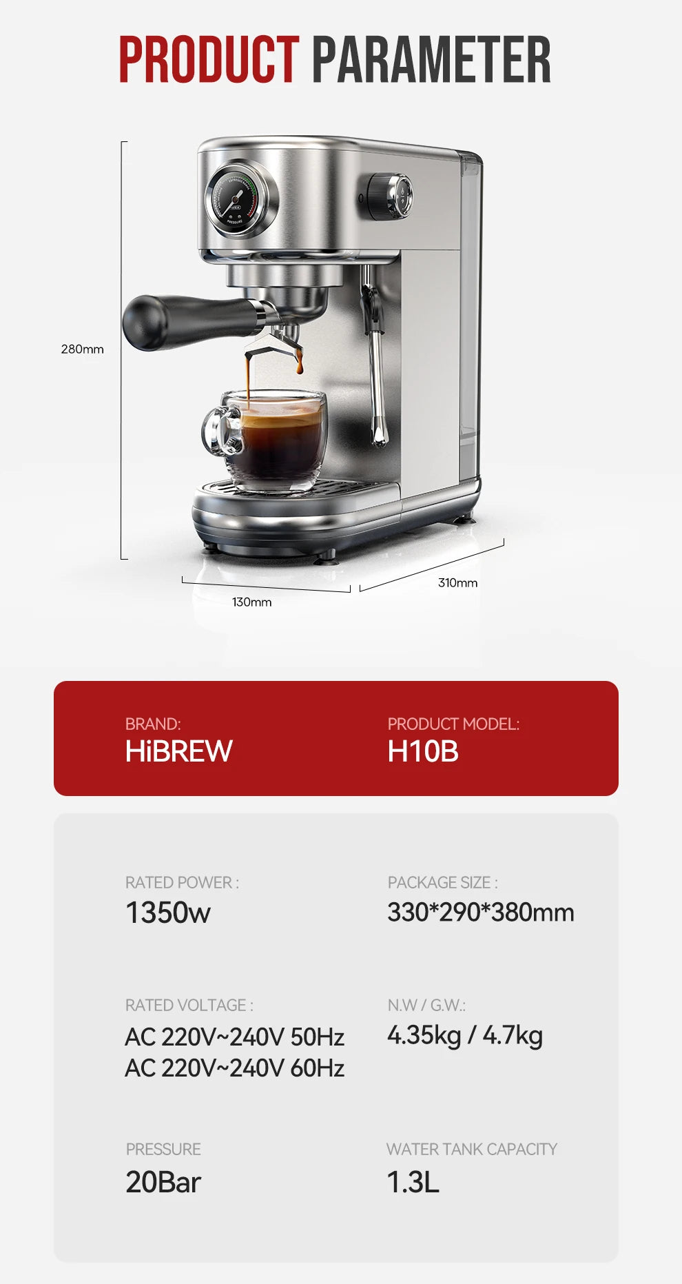 HiBREW 20Bar Semi Automatic Espresso Coffee Machine Temperature Adjustable Cold/Hot Super Slim Coffee Maker Cappuccino H10B