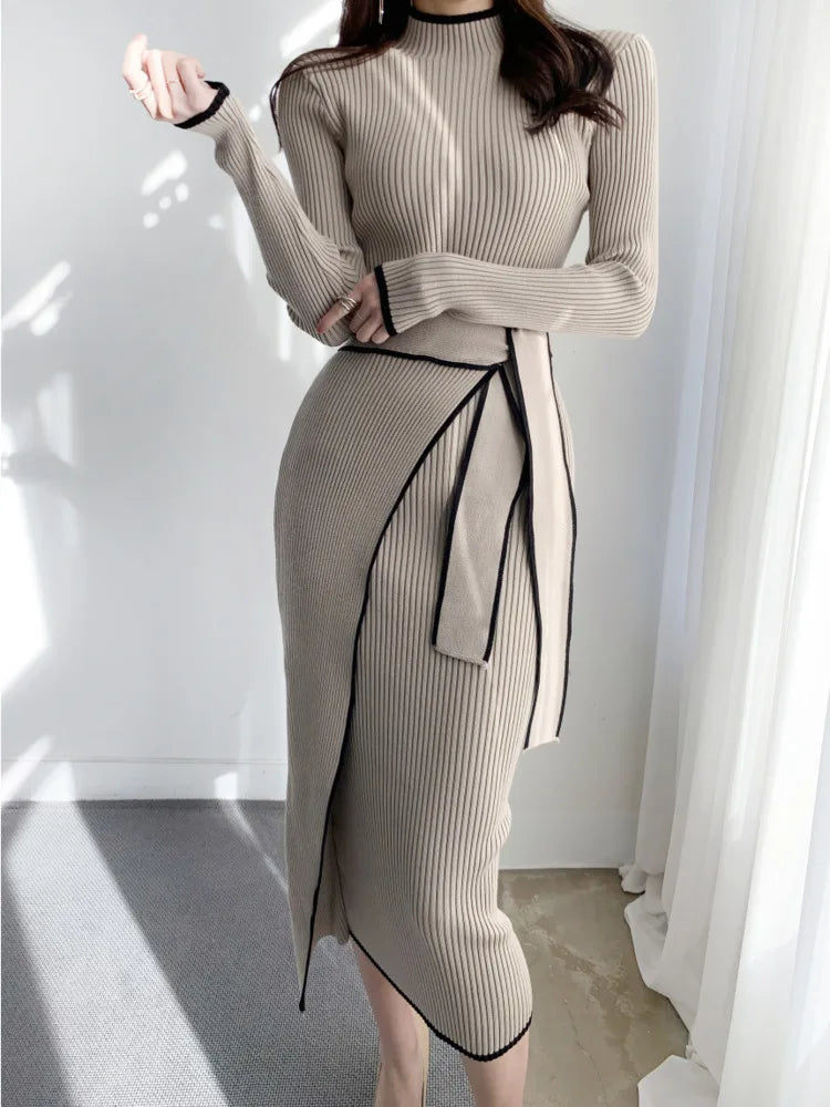 Elegant Stand Collar Contrast Bandage Long Sleeve Women Knitted Dress Autumn Korean Fashion Casual Knit Bodycondresses Vestidos - KIMLUD