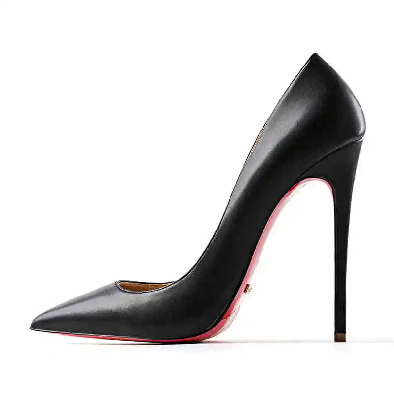 KIMLUD, Women's heels 2025 trend Leather Luxury Pumps Red Bottom Pointed Toe High Heels Elegant Stiletto Party Ladies Shoes Woman 12cm, Black matte 12cm / 44 / CHINA, KIMLUD APPAREL - Womens Clothes