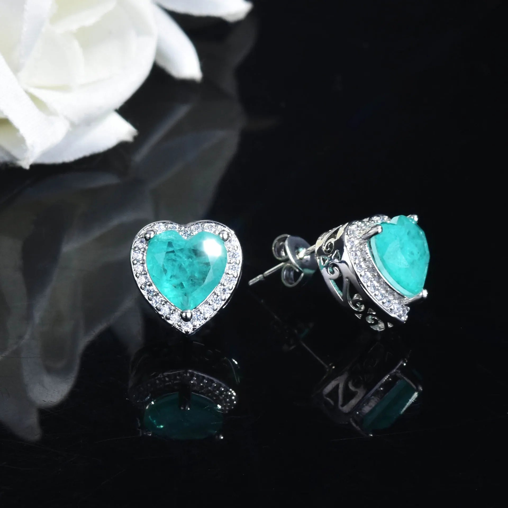 KIMLUD, Silver Heart Shape Paraiba Tourmaline Gemstone Stud Earrings For Women Fashion Wedding Statement Jewelry Anniversary Gift, KIMLUD Womens Clothes