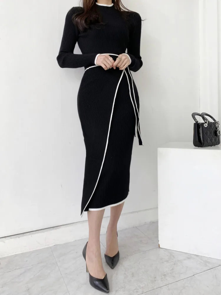 Elegant Stand Collar Contrast Bandage Long Sleeve Women Knitted Dress Autumn Korean Fashion Casual Knit Bodycondresses Vestidos