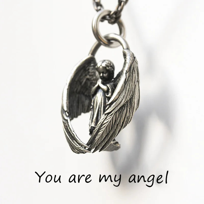 KIMLUD, Stainless Steel Creative Personality Prayer Angel Pendant Necklace Men and Women Fashion Trend Hip Hop Punk Accessories Jewelry, KIMLUD Womens Clothes