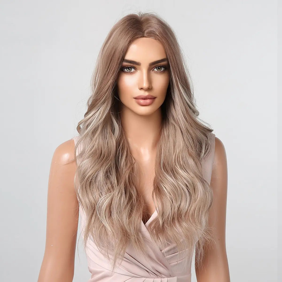 Long Wavy Wigs White Blonde Brown Roots Synthetic Natural Wave Hair Cosplay Wigs for Women High Temperature Fiber Middle Part