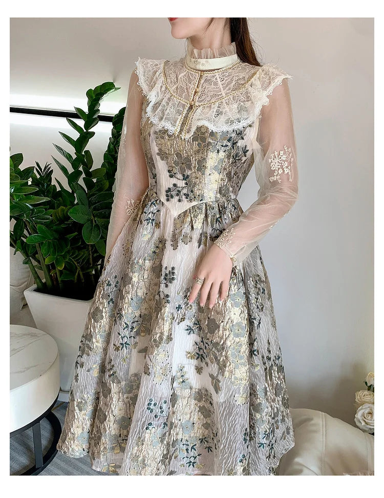 Elegant Luxury Mesh Flower Embroidery Patchwork Jacquard Dress Women Stand Collar Shawl Ruffles Floral Evening Party Vestidos