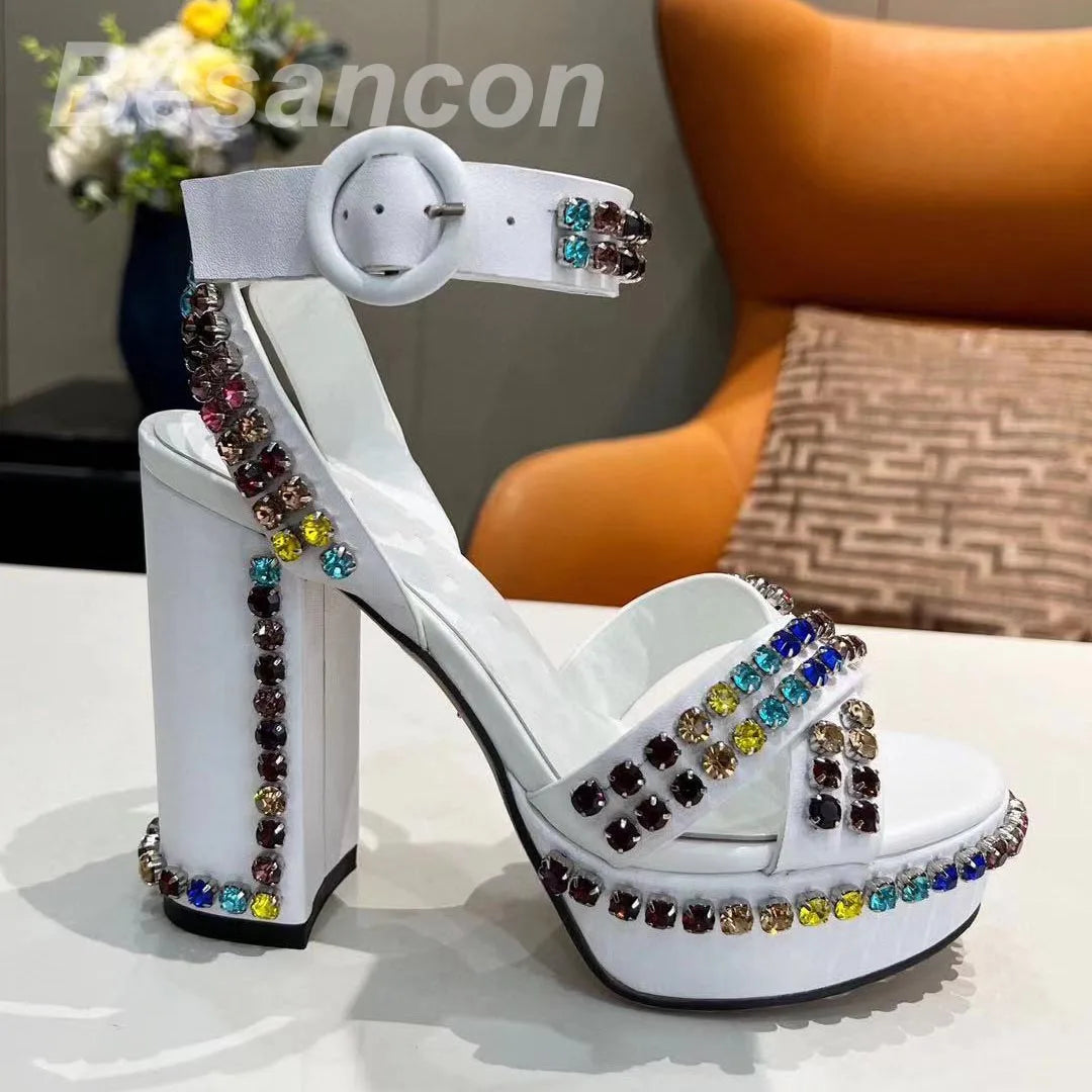 Besancon 2025 Classic style Women's high-heeled 12cm sandals Diamonds Genuine leather Oversized 41 42 Waterproof platform